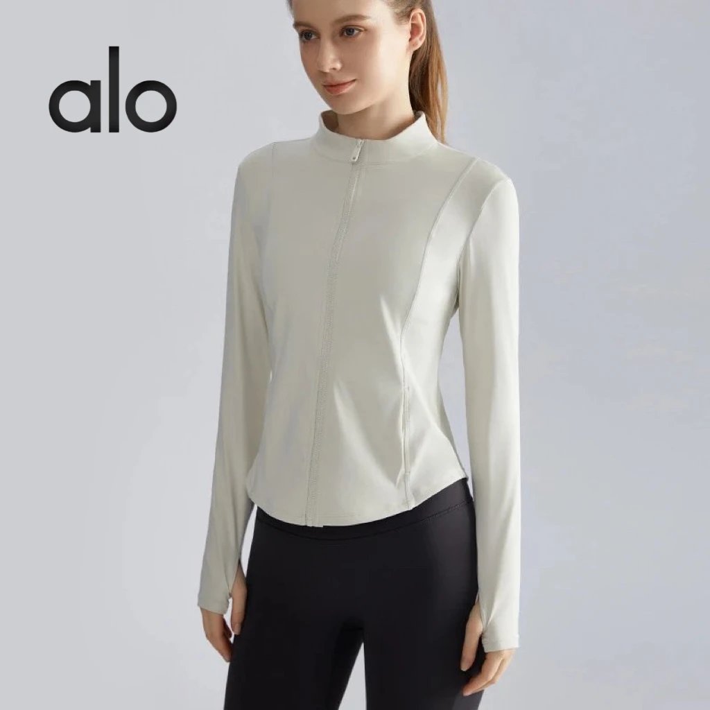 Alo Yoga Jackets Women's fitted stand-collar full-zip athletic jacket with thumbhole cuffs — Ivory white
