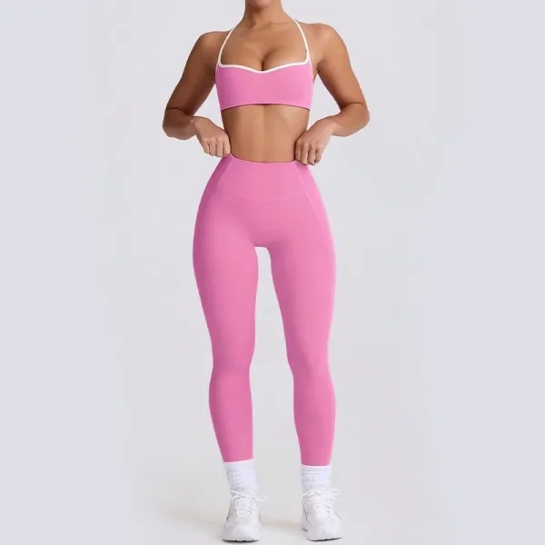 Design Pink High-Waisted Seamless Leggings Set with Contrast Trim Sports Bra Activewear - 1