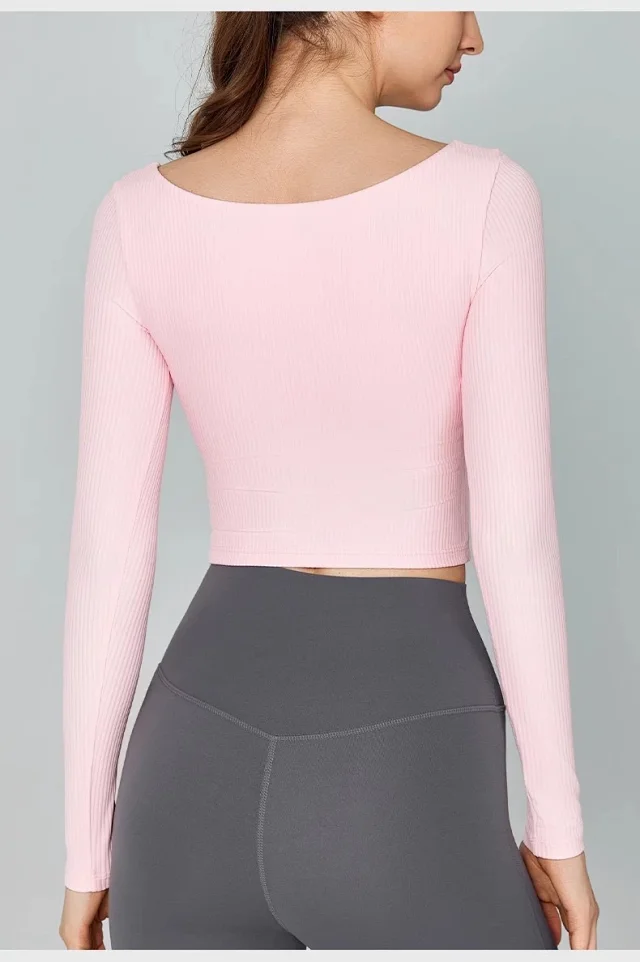 Alo Yoga Shirts Ribbed square-neck long-sleeve cropped top with button placket product detail image 23