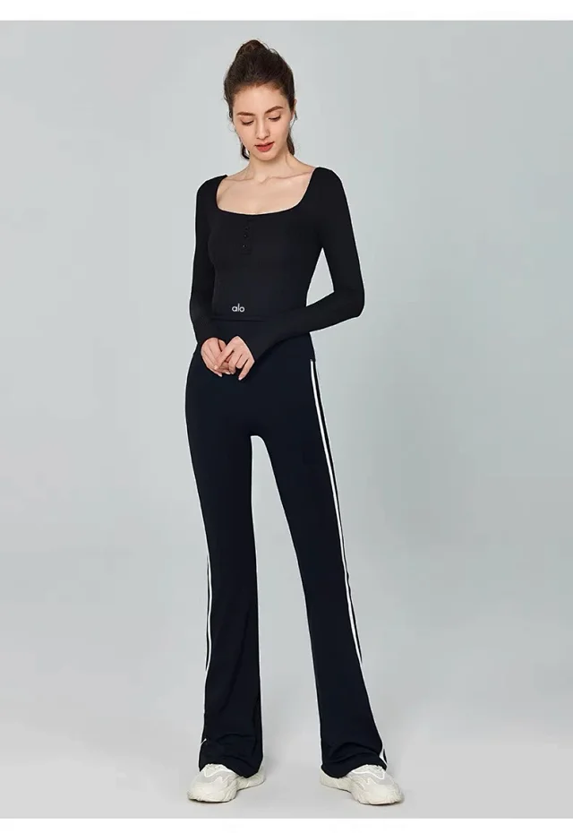 Alo Yoga Shirts Ribbed square-neck long-sleeve cropped top with button placket product detail image 24