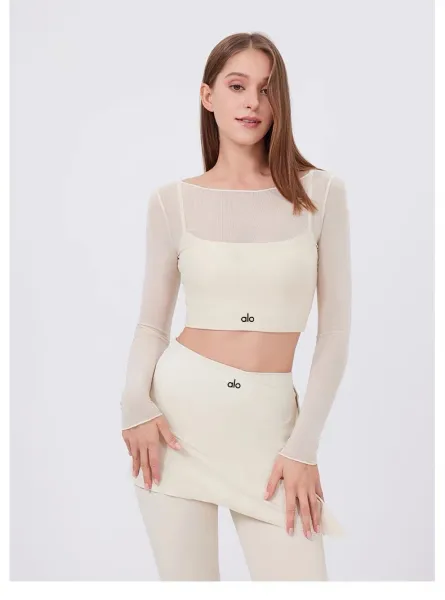 Alo Yoga Long Sleeve Crop Top and Skirt Set Beige Activewear - 35