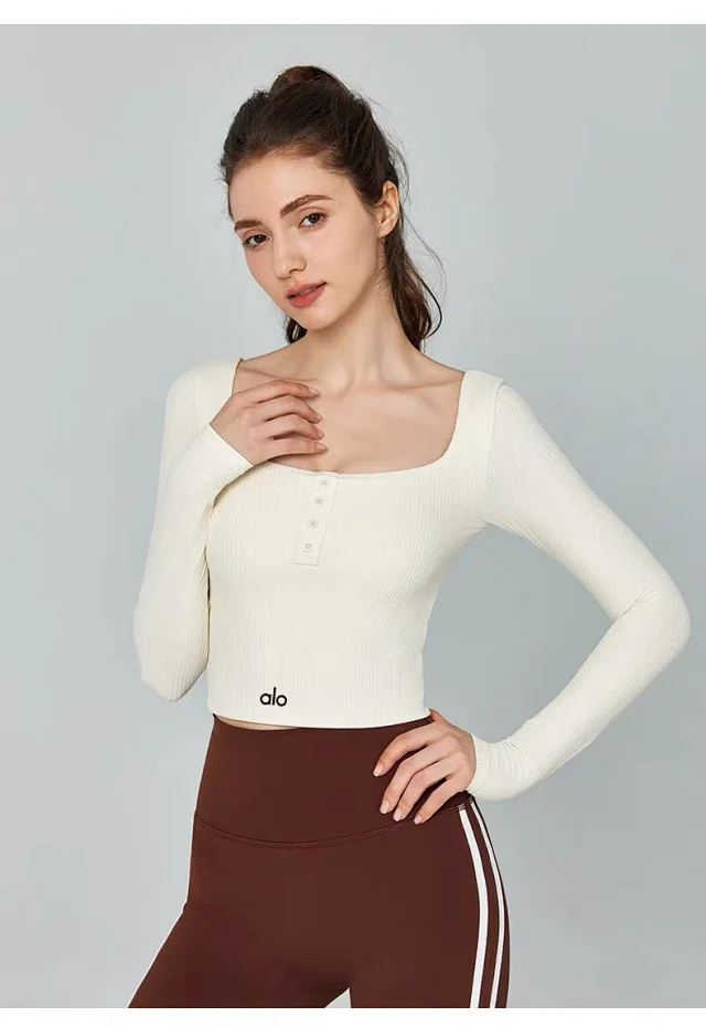 Alo Yoga Shirts Ribbed square-neck long-sleeve cropped top with button placket product detail image 29