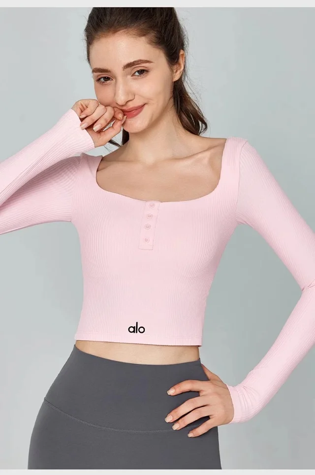 Alo Yoga Shirts Ribbed square-neck long-sleeve cropped top with button placket product detail image 21
