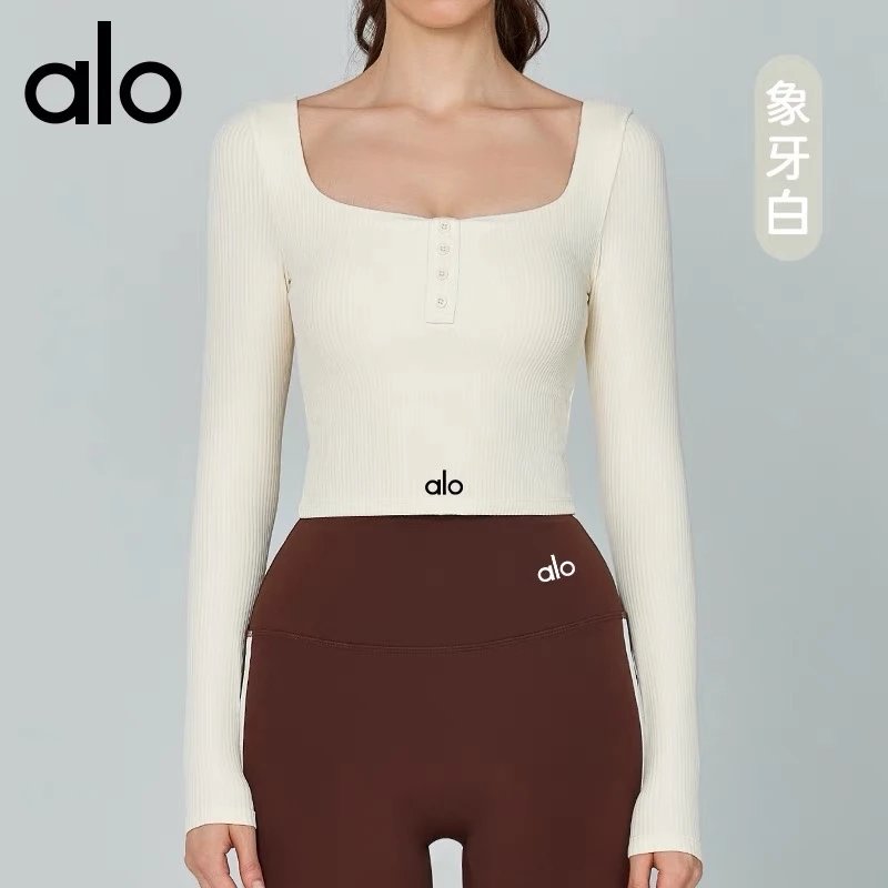 Alo Square Neck Ribbed Long Sleeve Top Elephant White + High-Waist Leggings Brown Activewear
