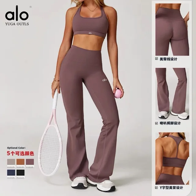 Alo Yoga Racerback sports bra with high-waisted shorts or flared leggings product detail image 1