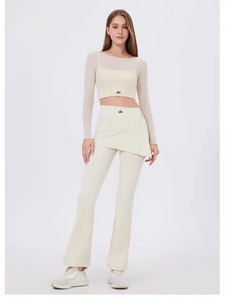 Alo Yoga Long Sleeve Crop Top and Skirt Set Beige Activewear - 34