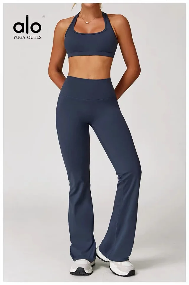 Alo Yoga Racerback sports bra with high-waisted shorts or flared leggings product detail image 40