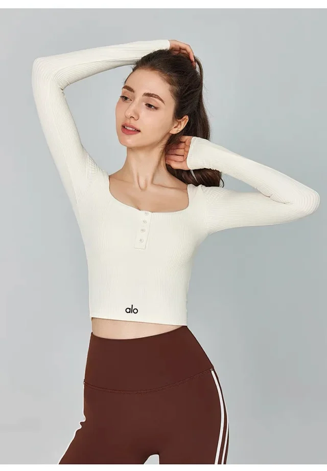 Alo Yoga Shirts Ribbed square-neck long-sleeve cropped top with button placket product detail image 27