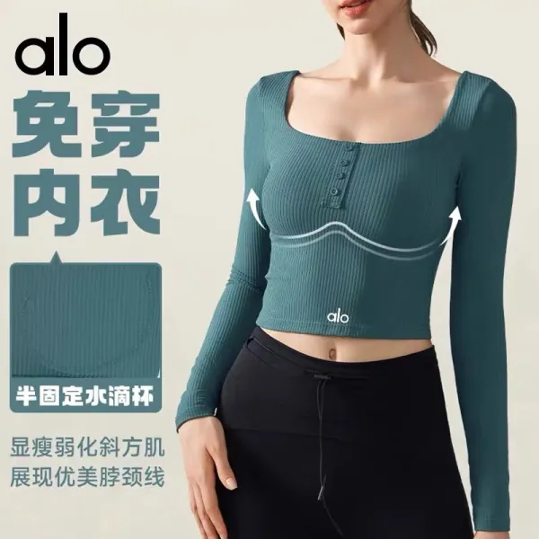 Alo Square Neck Ribbed Long Sleeve Crop Top Cloud Pink Activewear - 4