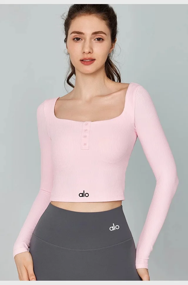 Alo Yoga Shirts Ribbed square-neck long-sleeve cropped top with button placket product detail image 22