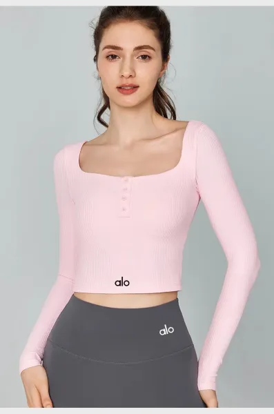 Alo Square Neck Ribbed Long Sleeve Crop Top Cloud Pink Activewear - 23
