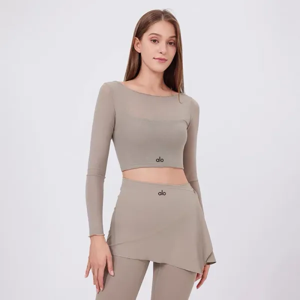 Alo Yoga Long Sleeve Crop Top and Skirt Set Beige Activewear - 10