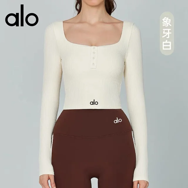 Alo Yoga Shirts Ribbed square-neck long-sleeve cropped top with button placket product detail image 5