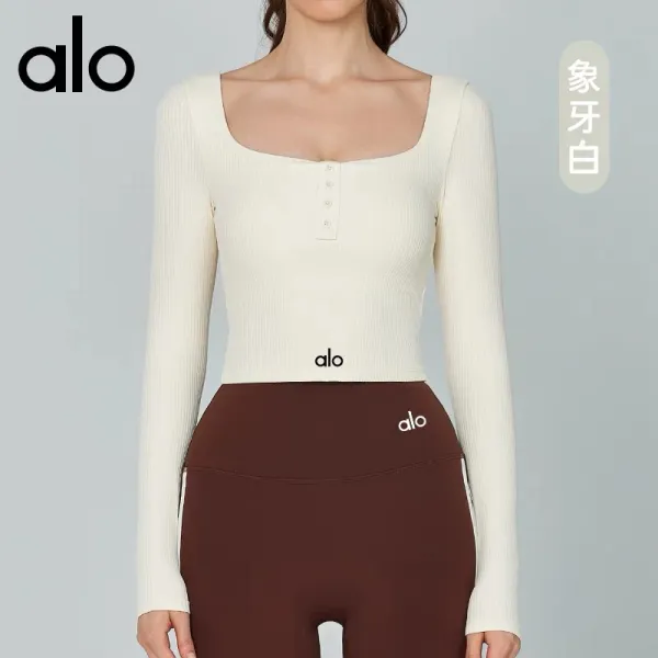 Alo Square Neck Ribbed Long Sleeve Crop Top Cloud Pink Activewear - 6