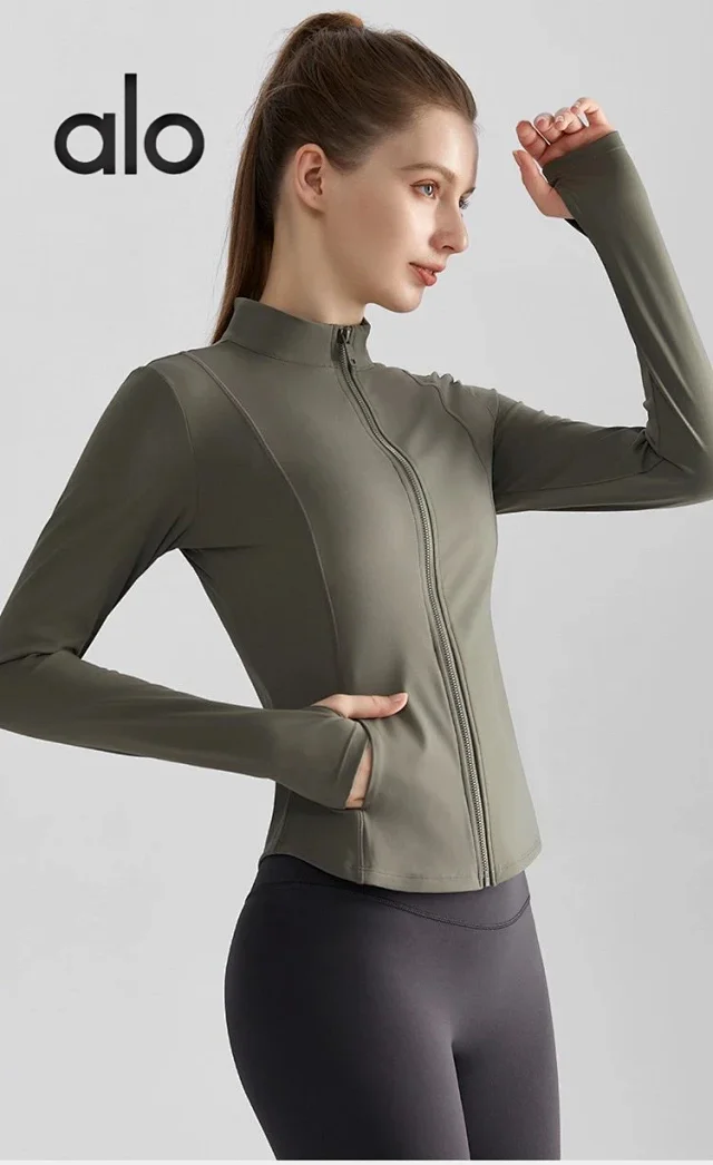 Alo Yoga Jackets Women's fitted stand-collar full-zip athletic jacket with thumbhole cuffs product detail image 3