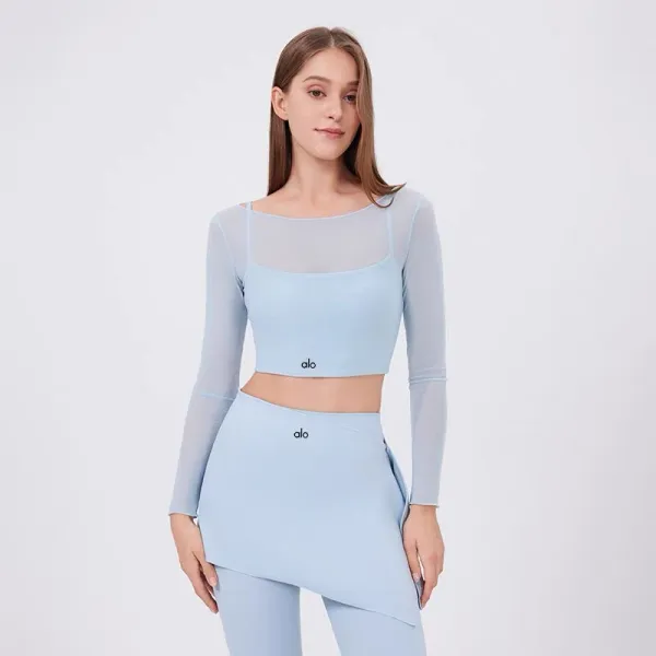 Alo Yoga Long Sleeve Crop Top and Skirt Set Beige Activewear - 11