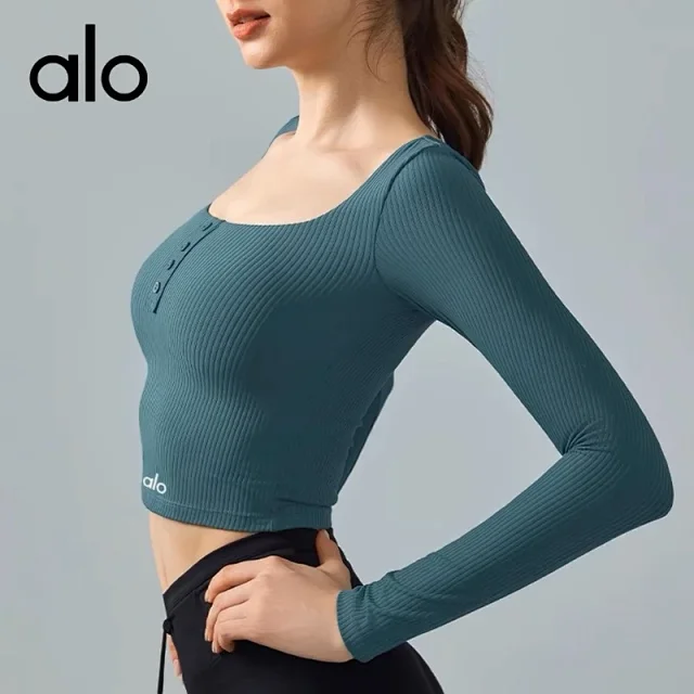 Alo Yoga Shirts Ribbed square-neck long-sleeve cropped top with button placket product detail image 1