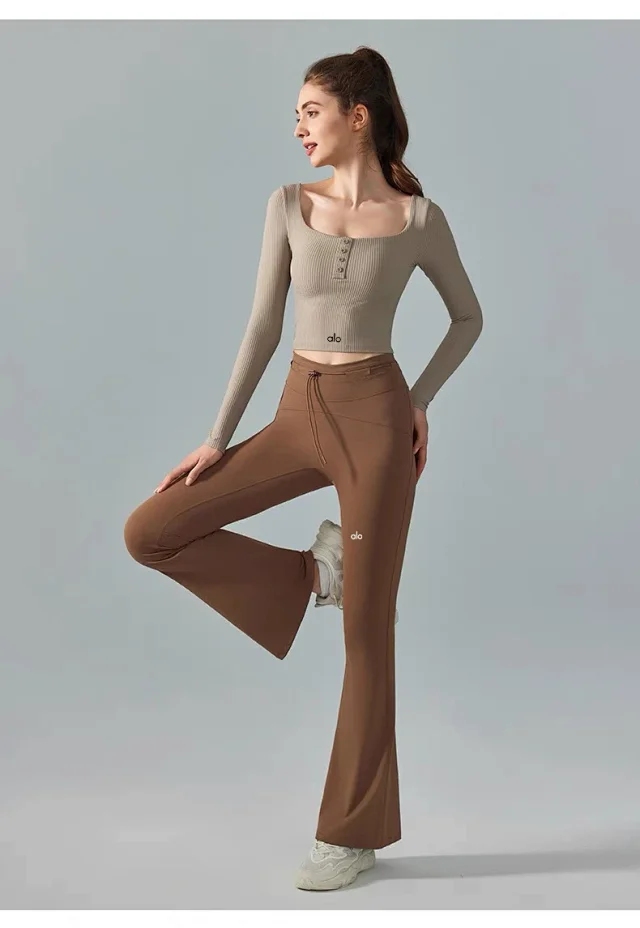 Alo Yoga Shirts Ribbed square-neck long-sleeve cropped top with button placket product detail image 32