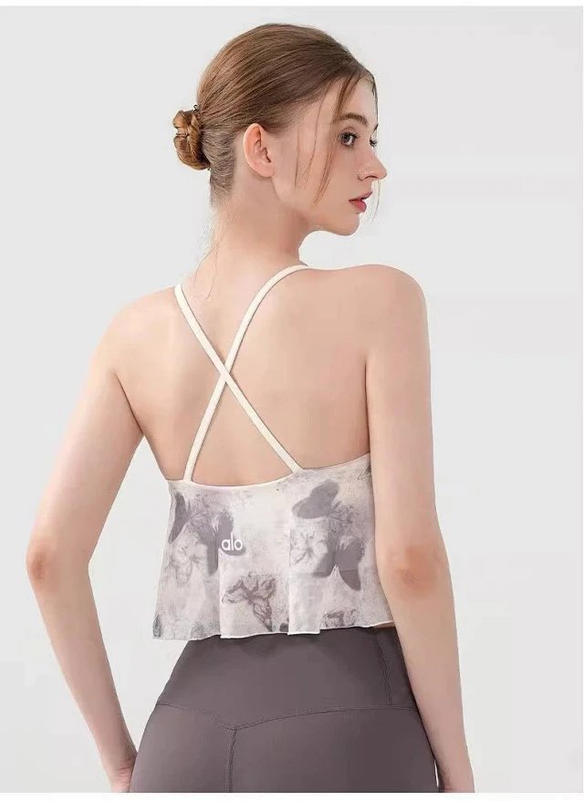 Alo Floral Print Crisscross Back Crop Top White Vest Top - 20