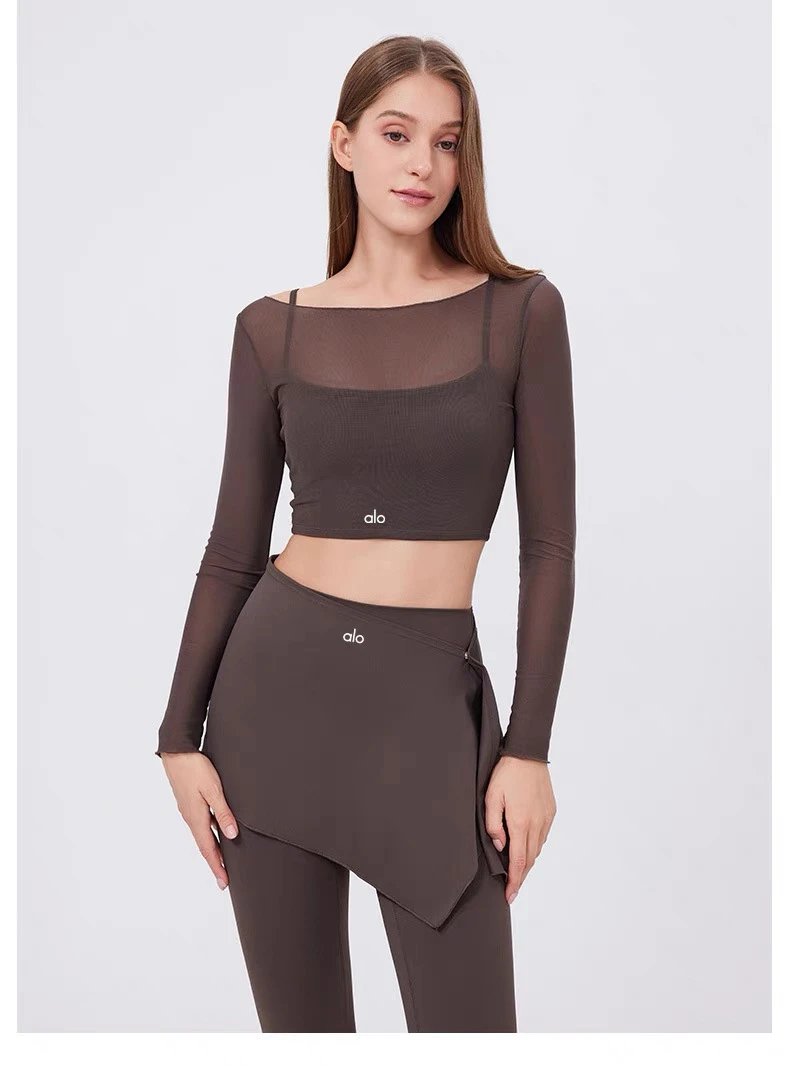 Alo Yoga Long Sleeve Crop Top and Skirt Set Beige Activewear - 31