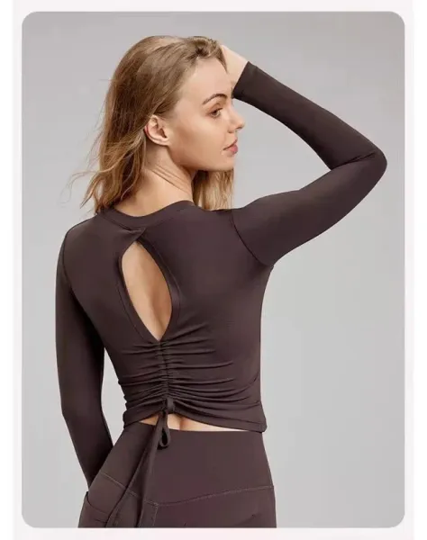 Design Long Sleeve Ruched Back Cutout Top in Light Blue Activewear - 17