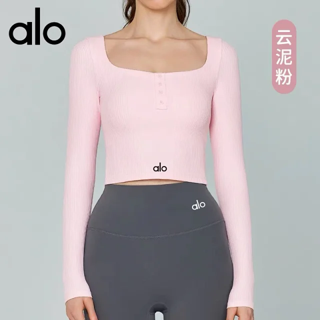 Alo Yoga Shirts Ribbed square-neck long-sleeve cropped top with button placket product detail image 6