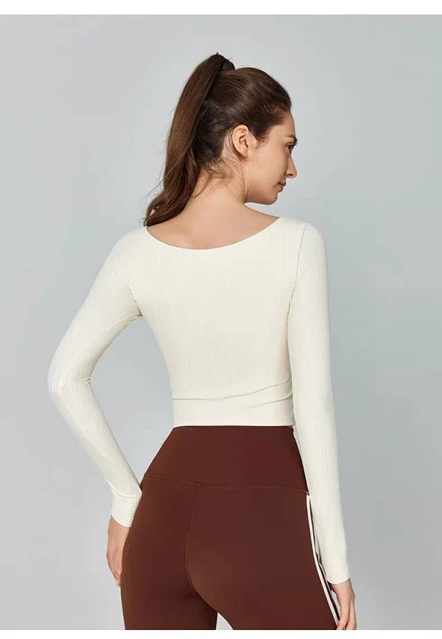 Alo Yoga Shirts Ribbed square-neck long-sleeve cropped top with button placket product detail image 28