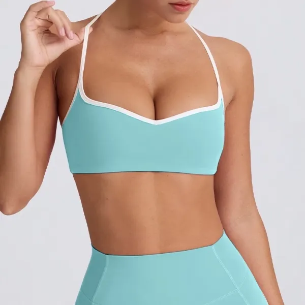 Design V-Neck Contrast Trim Sports Bra in Mint Green Activewear - 1