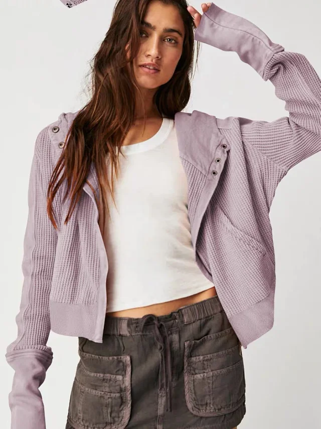 Alo Yoga Hoodies & Sweatshirts Waffle-knit cropped zip-up hooded sweatshirt product detail image 24