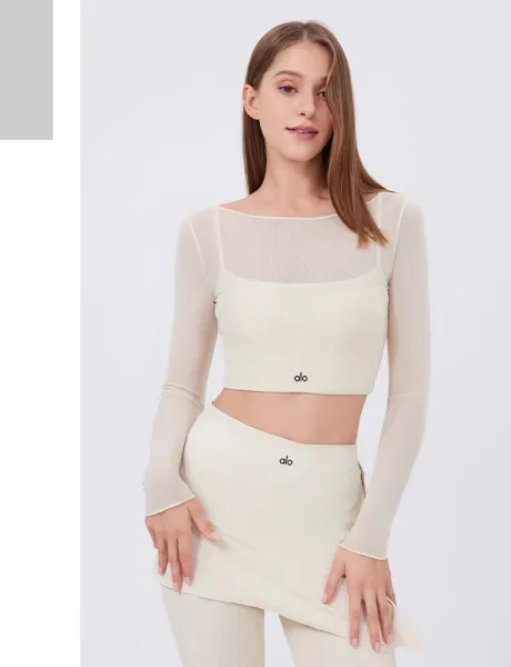 Alo Yoga Long Sleeve Crop Top and Skirt Set Beige Activewear - 15