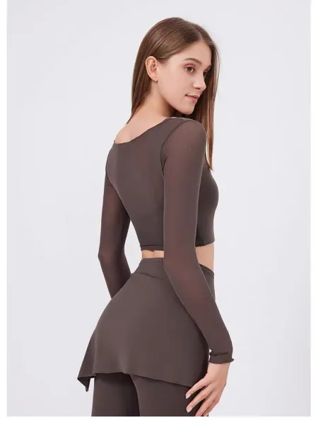 Alo Yoga Long Sleeve Crop Top and Skirt Set Beige Activewear - 33