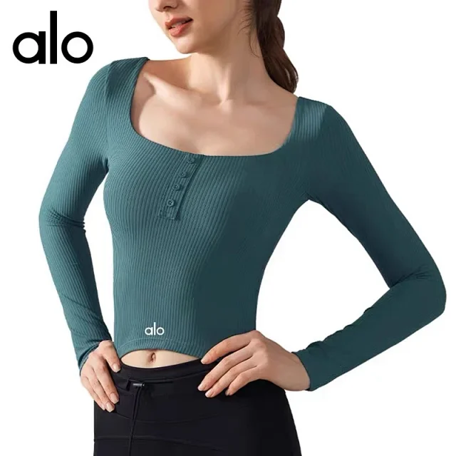 Alo Yoga Shirts Ribbed square-neck long-sleeve cropped top with button placket product detail image 4