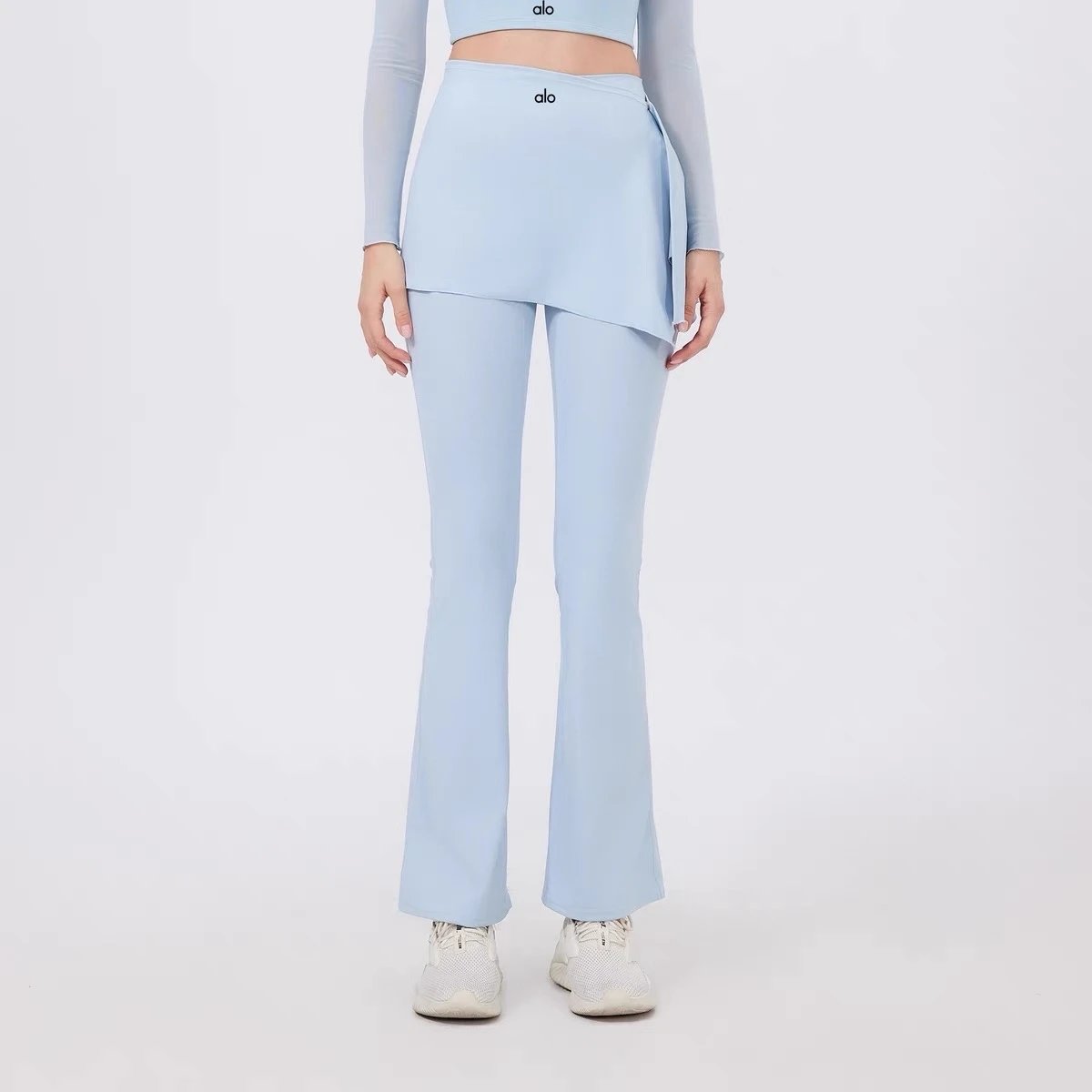 Alo Yoga Trousers High-waisted flared leggings with wrap skirt overlay — Moonlight blue