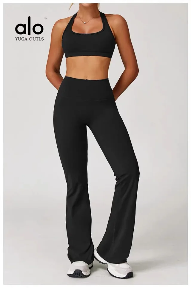 Alo Yoga Racerback sports bra with high-waisted shorts or flared leggings product detail image 56