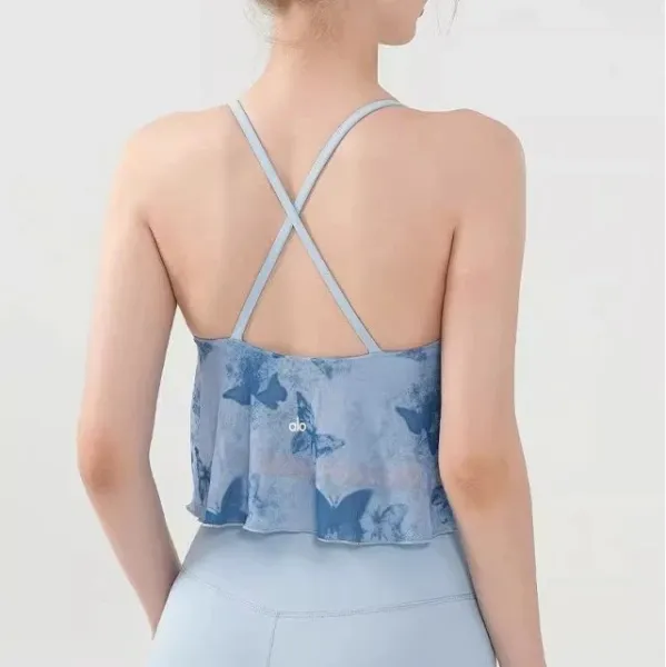 Alo Butterfly Print Crisscross Back Crop Top in Blue Multicolor Vest Top - 1