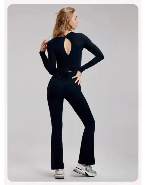 Design Long Sleeve Ruched Back Cutout Top in Light Blue Activewear - 27
