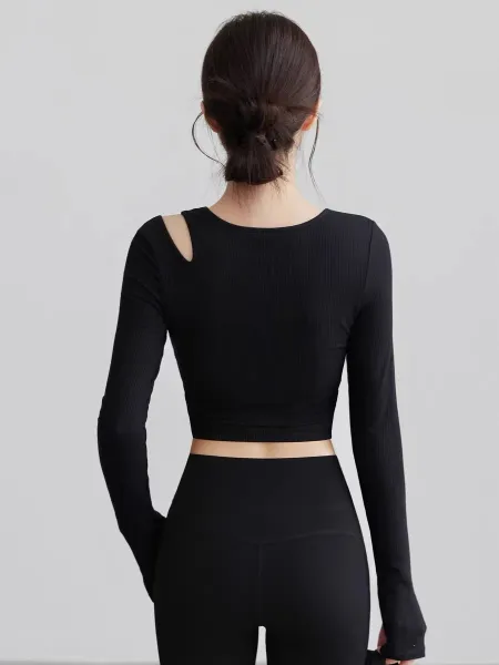 Alo Ribbed Cut-Out Long Sleeve Crop Top Beige Activewear - 4