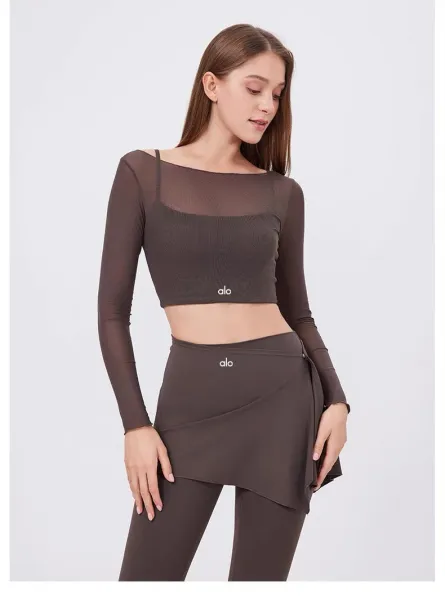 Alo Yoga Long Sleeve Crop Top and Skirt Set Beige Activewear - 32
