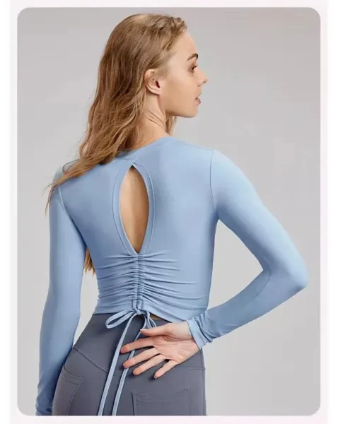 Design Long Sleeve Ruched Back Cutout Top in Light Blue Activewear - 20