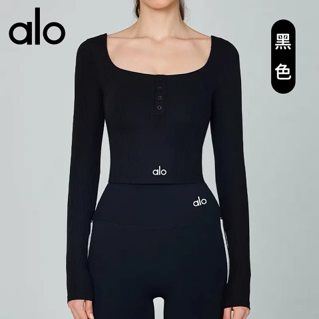 Alo Yoga Shirts Ribbed square-neck long-sleeve cropped top with button placket product detail image 9