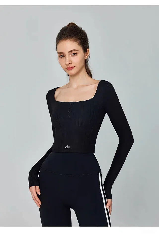 Alo Yoga Shirts Ribbed square-neck long-sleeve cropped top with button placket product detail image 26
