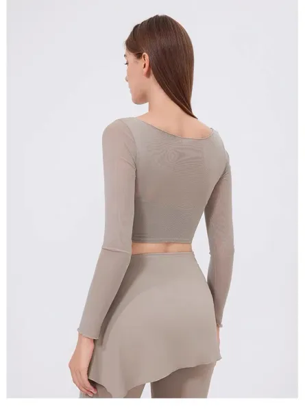Alo Yoga Long Sleeve Crop Top and Skirt Set Beige Activewear - 30