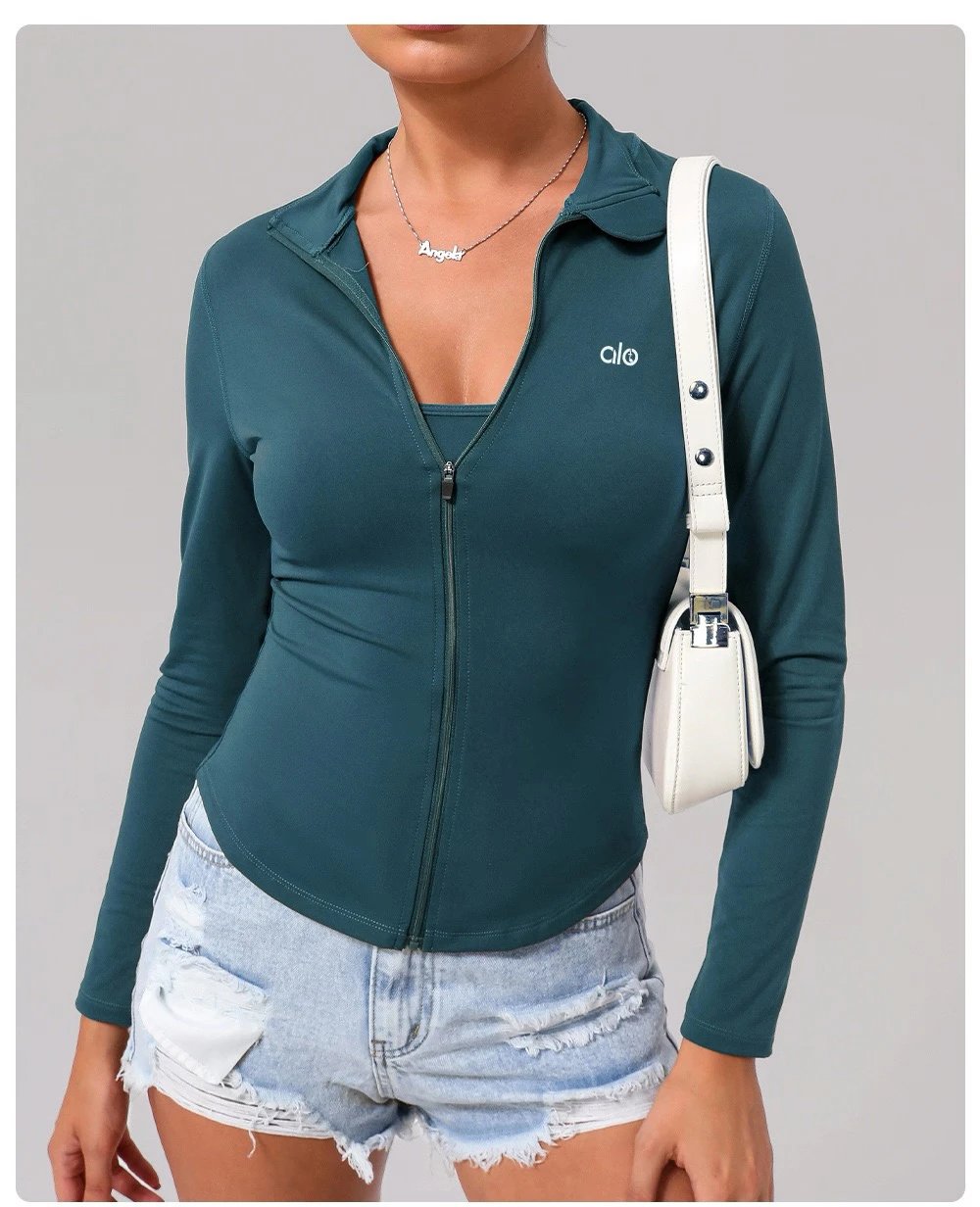 Alo Long Sleeve Zip-Up Jacket Teal Activewear Set - 17