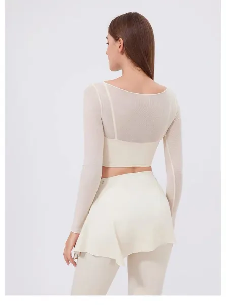 Alo Yoga Long Sleeve Crop Top and Skirt Set Beige Activewear - 36