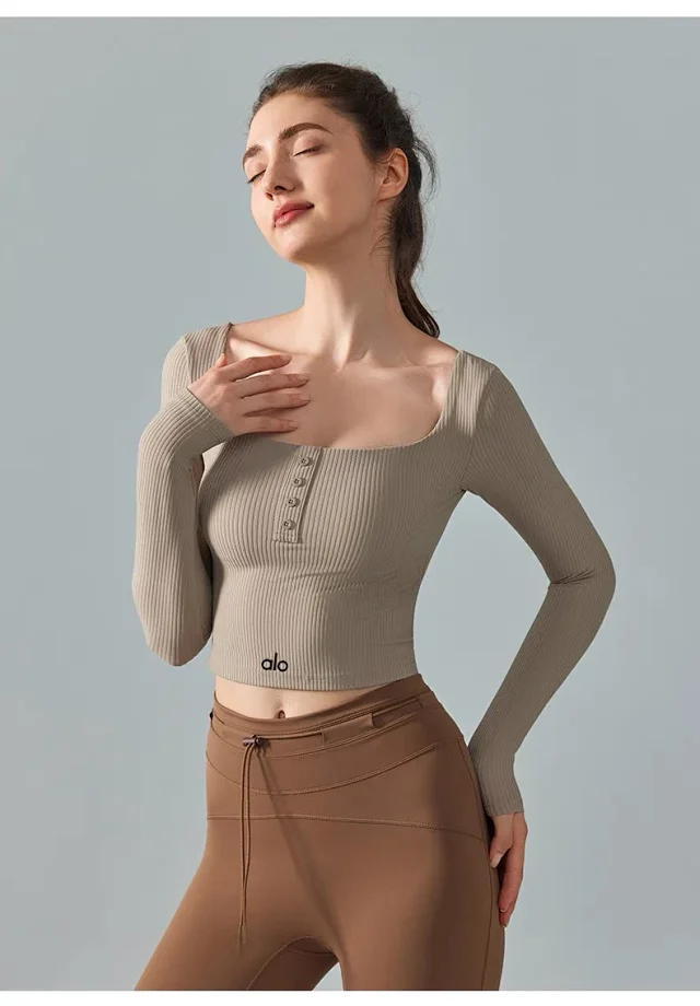 Alo Yoga Shirts Ribbed square-neck long-sleeve cropped top with button placket product detail image 30