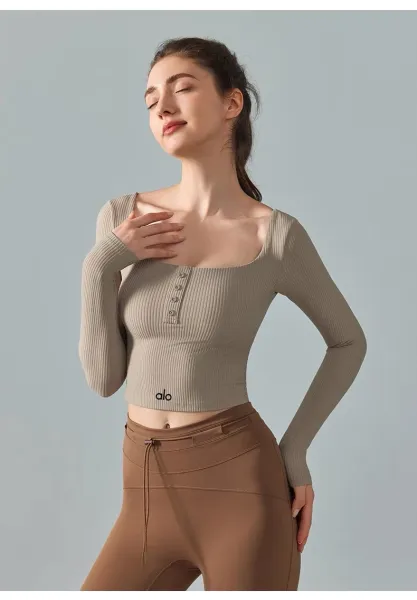 Alo Square Neck Ribbed Long Sleeve Crop Top Cloud Pink Activewear - 31