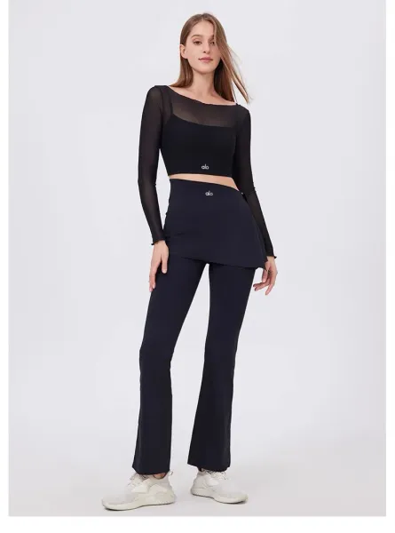 Alo Yoga Long Sleeve Crop Top and Skirt Set Beige Activewear - 25