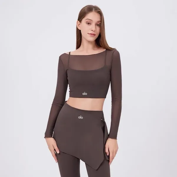 Alo Mesh Long Sleeve Crop Top and Wrap Skirt Set Brown Activewear - 1