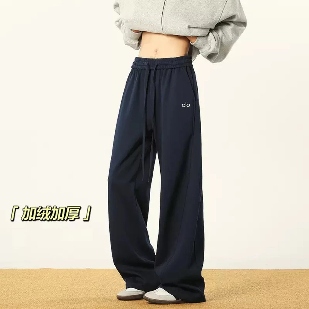 Alo Yoga Trousers Fleece-Lined Wide-Leg Sweatpants — Navy blue {with fleece lining}