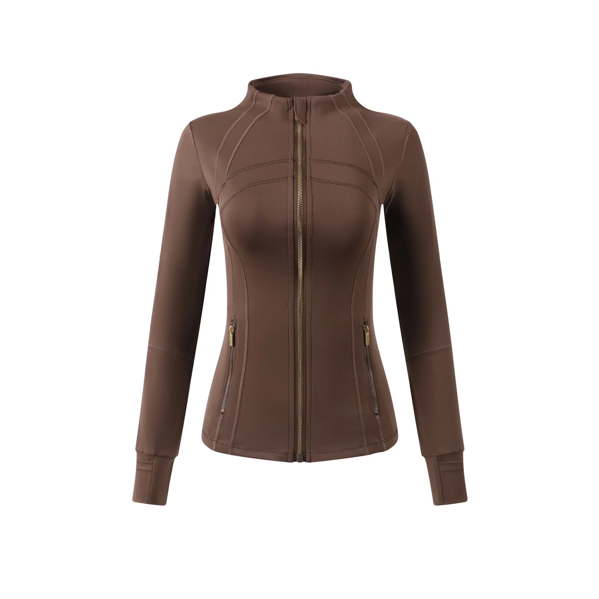 Unbranded Jackets Slim-Fit Stand-Collar Zip-Front Jacket with Thumbholes — Coffee color (gold zipper)